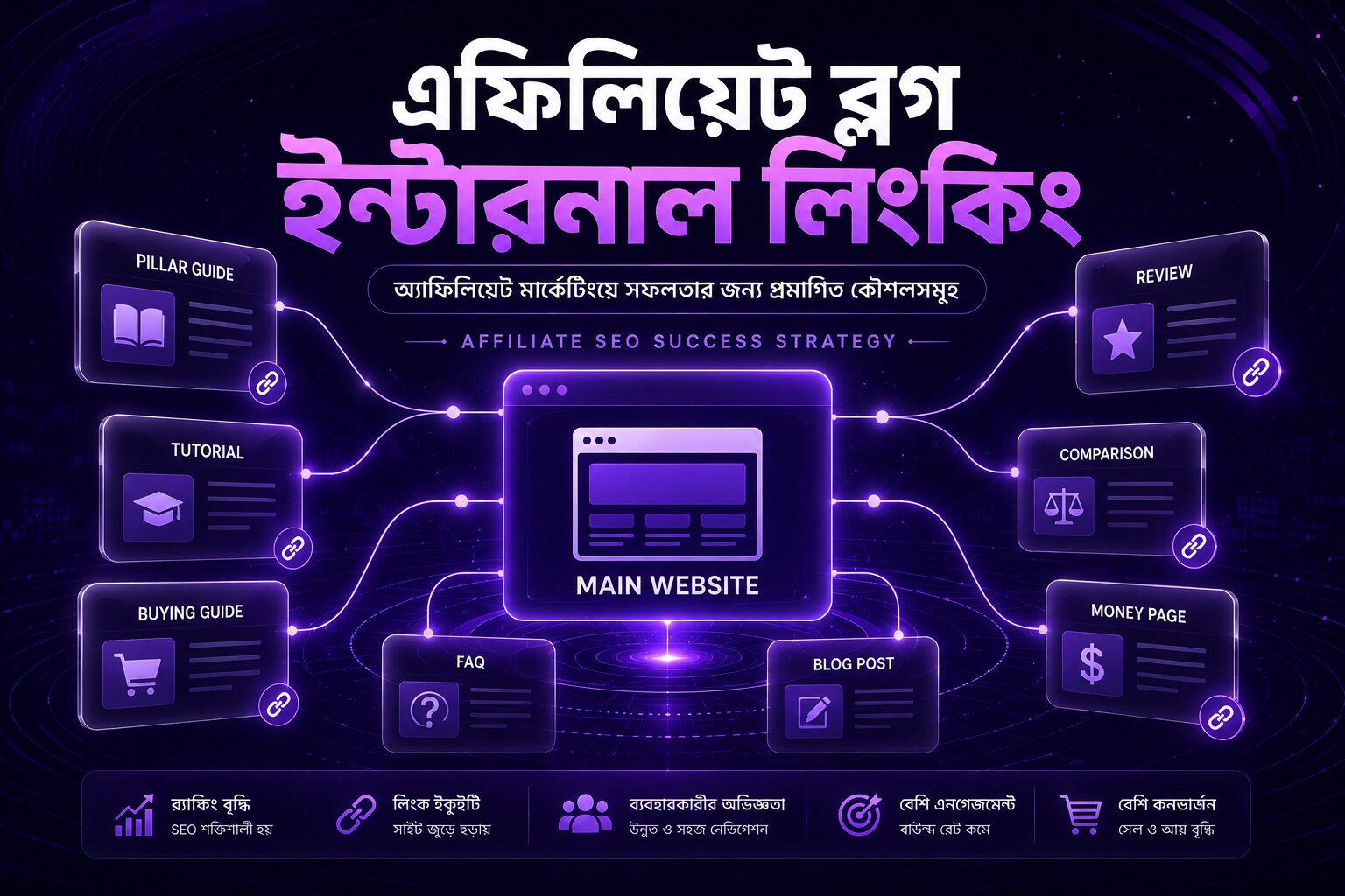 এফিলিয়েট ব্লগ ইন্টারনাল লিংকিং কৌশলের চিত্র যেখানে পিলার গাইড, টিউটোরিয়াল, রিভিউ, কম্প্যারিজন, FAQ এবং ব্লগ পোস্টকে মূল ওয়েবসাইটের সঙ্গে সংযুক্ত করে SEO, ব্যবহারকারীর অভিজ্ঞতা ও কনভার্সন উন্নত করা হয়েছে।