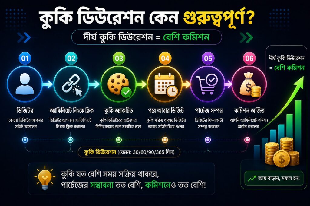 কুকি অ্যাক্টিভ থাকা থেকে কমিশন অর্জন পর্যন্ত অ্যাফিলিয়েট ক্রেতার যাত্রাপথের ভিজ্যুয়াল