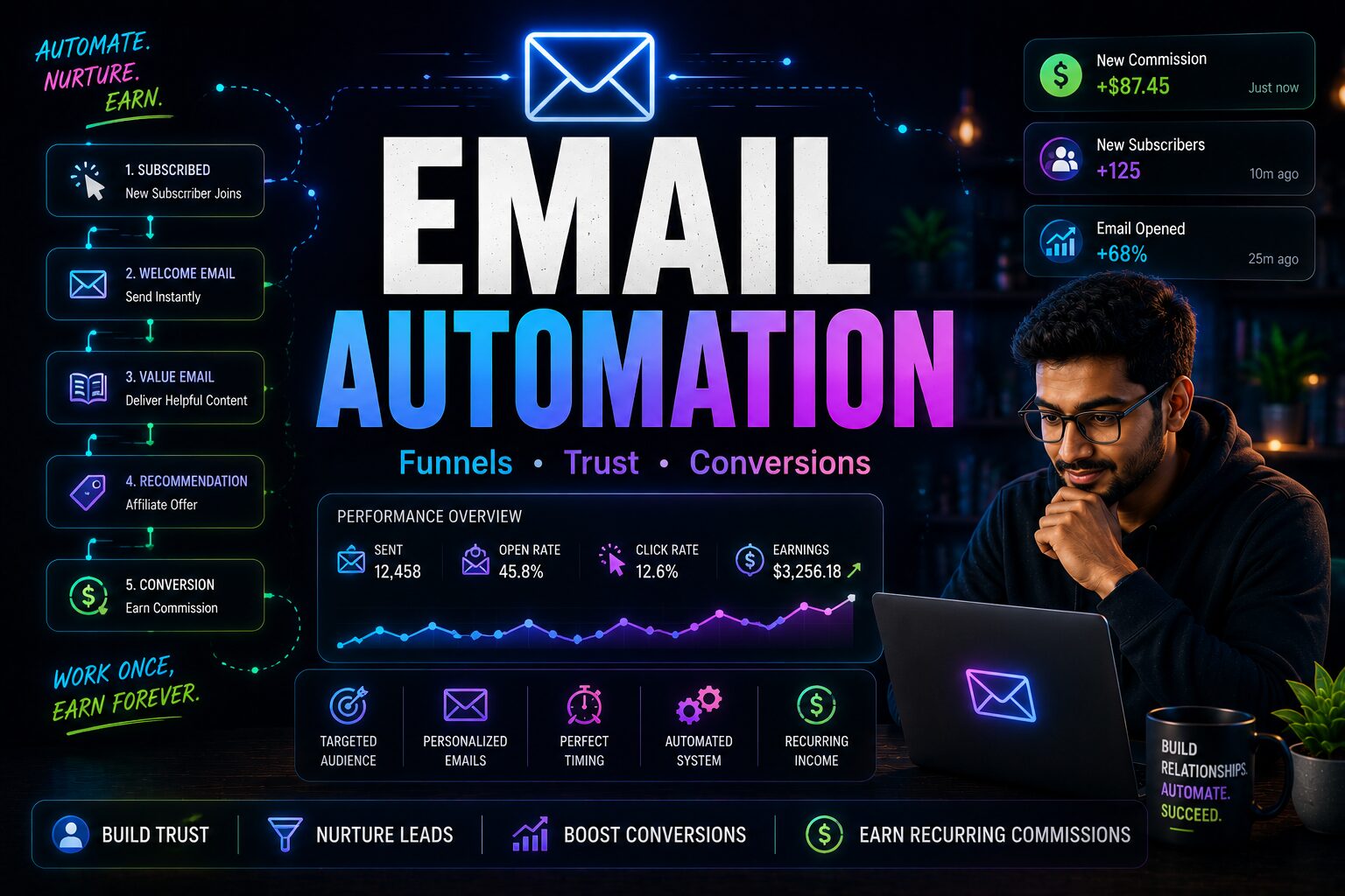 affiliate email automation workflow, automated email funnels, recurring affiliate commissions এবং smart email marketing ecosystem দেখানো cinematic SaaS banner