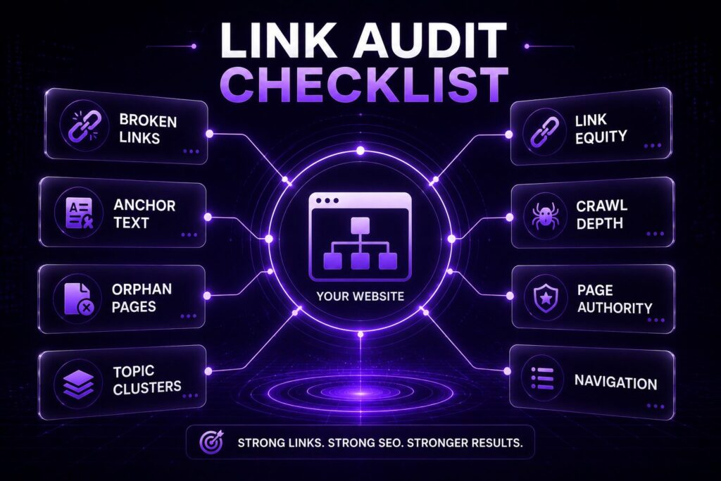 Infographic displaying an affiliate blog internal link audit checklist including orphan pages, broken links, anchor text optimization, topic clusters, page authority, crawl paths, and navigation.