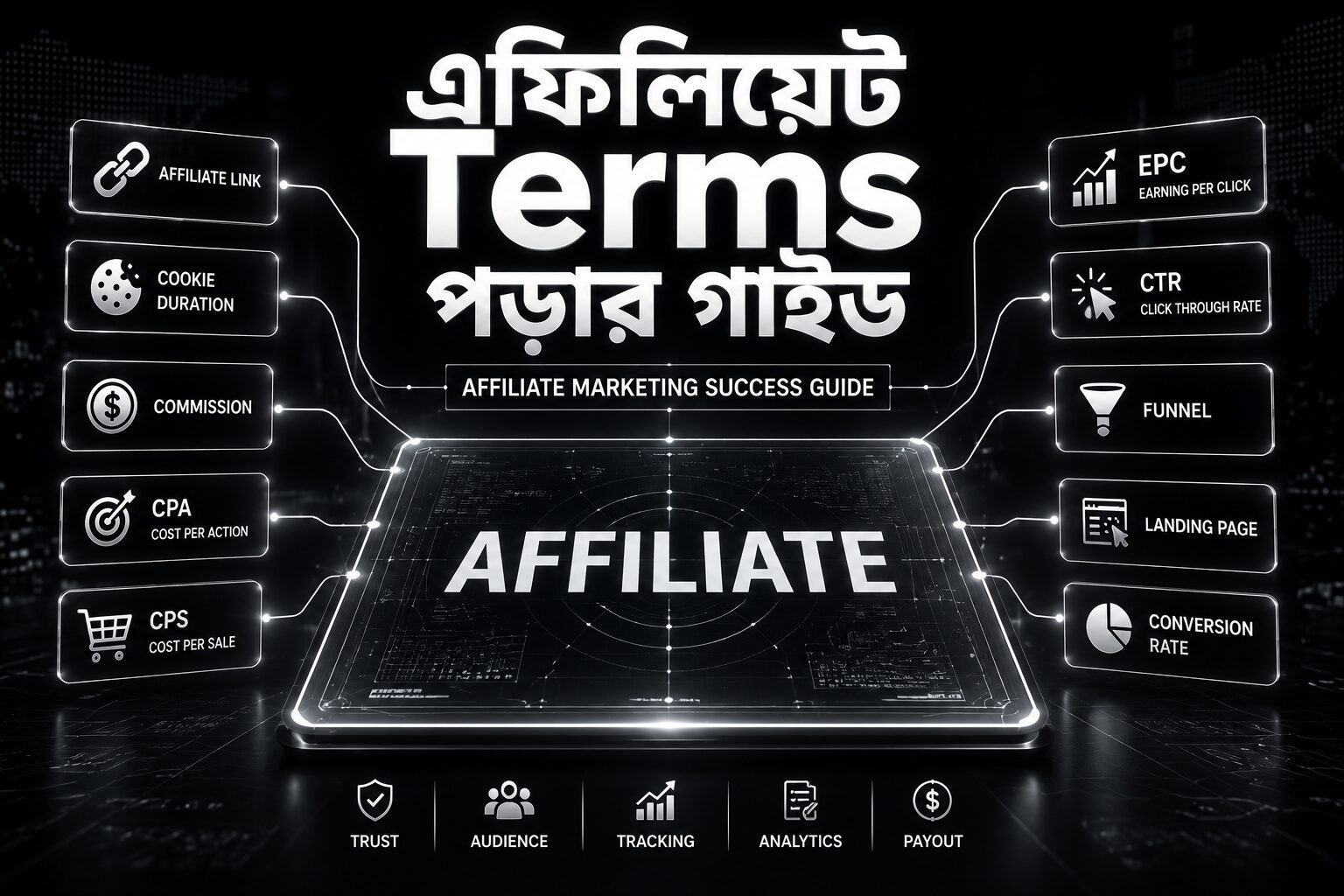 Premium illustration explaining essential affiliate marketing terms including affiliate links, commissions, cookie duration, EPC, CPA, CPS, CTR, conversion tracking, and affiliate program terminology in a modern black and white theme.