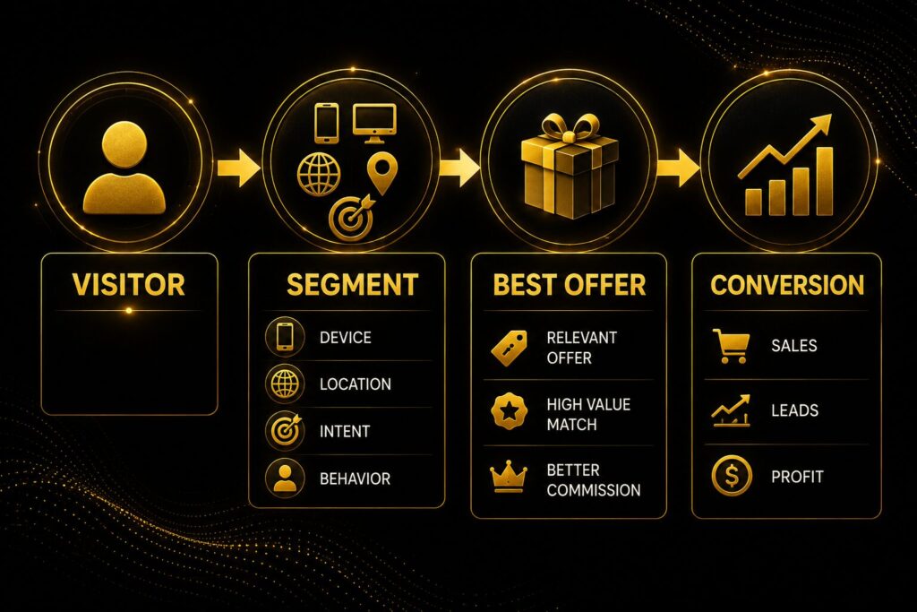 Infographic showing the affiliate offer segmentation process from visitor to audience segment, best offer selection, and conversion optimization using a black and gold visual design.
