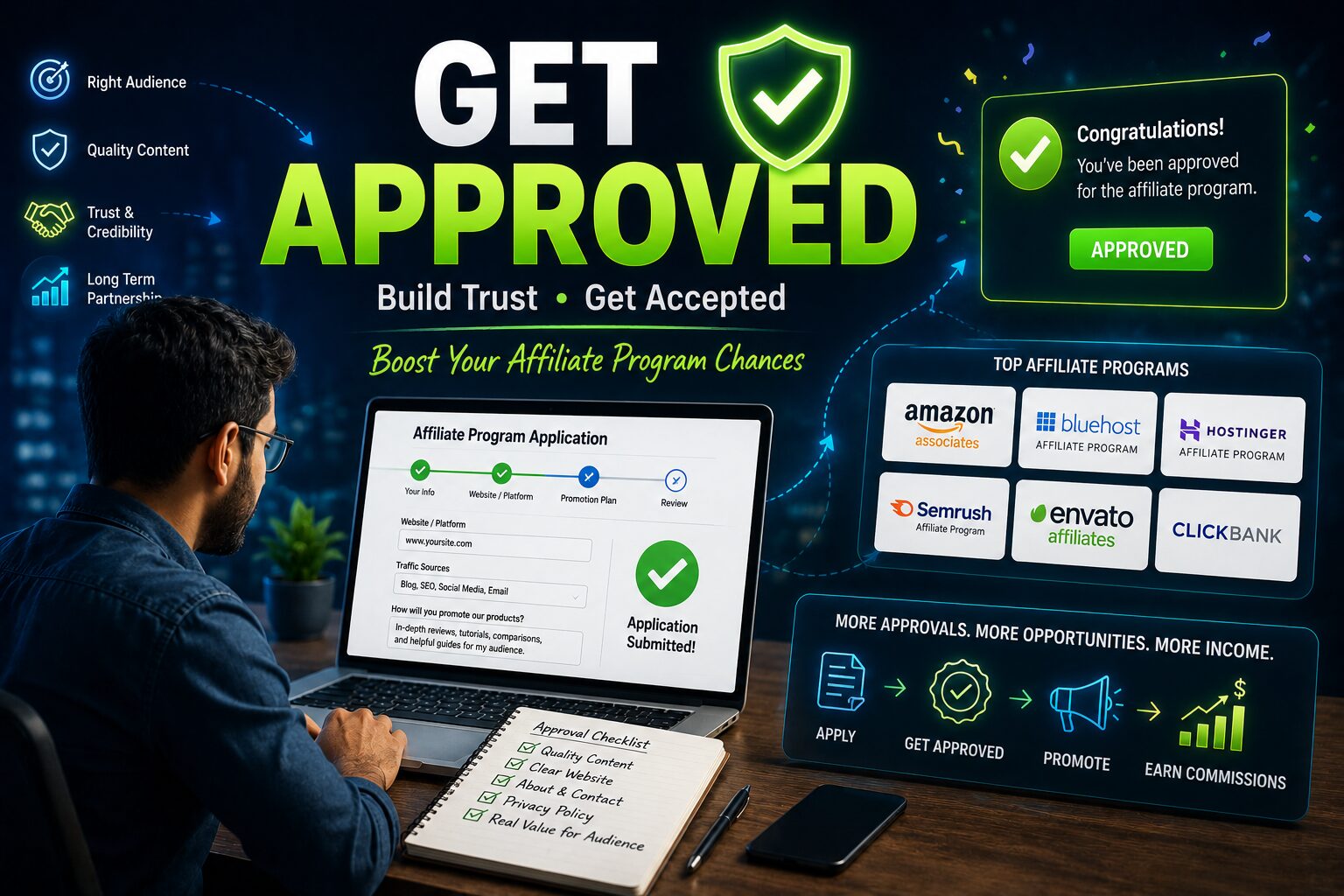affiliate program approval process, trust signals, approval notification, website quality indicators এবং affiliate success ecosystem দেখানো cinematic SaaS-business banner