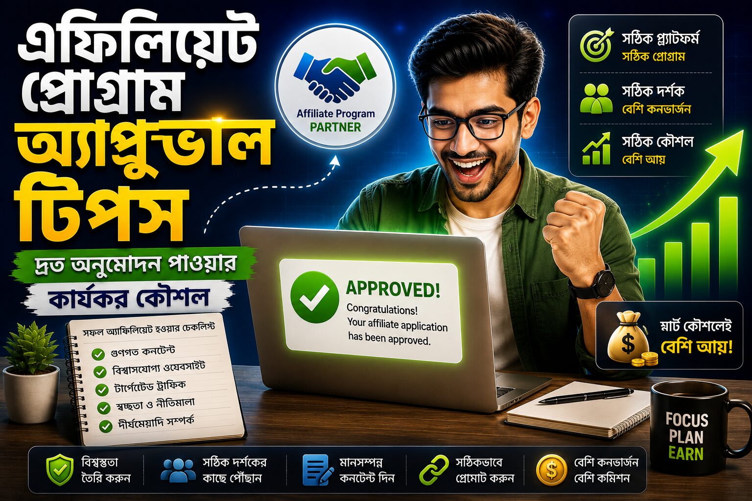 দ্রুত অনুমোদন পাওয়ার জন্য এফিলিয়েট প্রোগ্রাম অ্যাপ্রুভাল কৌশলের ধারণামূলক চিত্র
