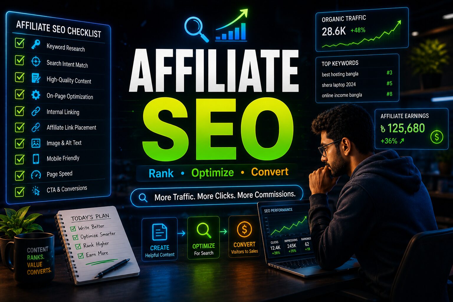affiliate SEO checklist workflow, বাংলা affiliate optimization strategy, keyword research এবং conversion-focused SEO system দেখানো cinematic SEO banner