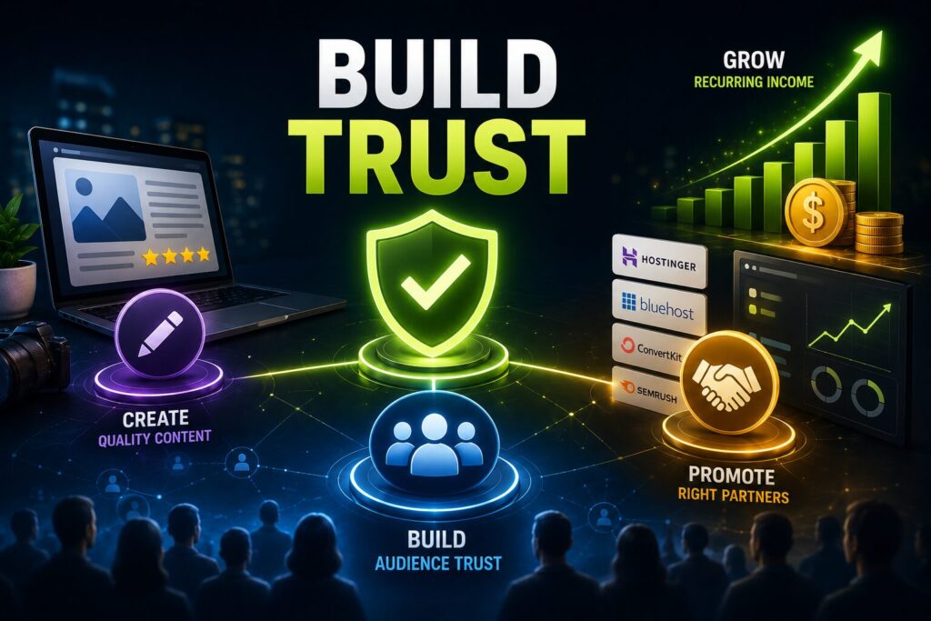 trusted affiliate recommendation system, content-to-income ecosystem এবং long-term affiliate growth journey দেখানো cinematic business infographic