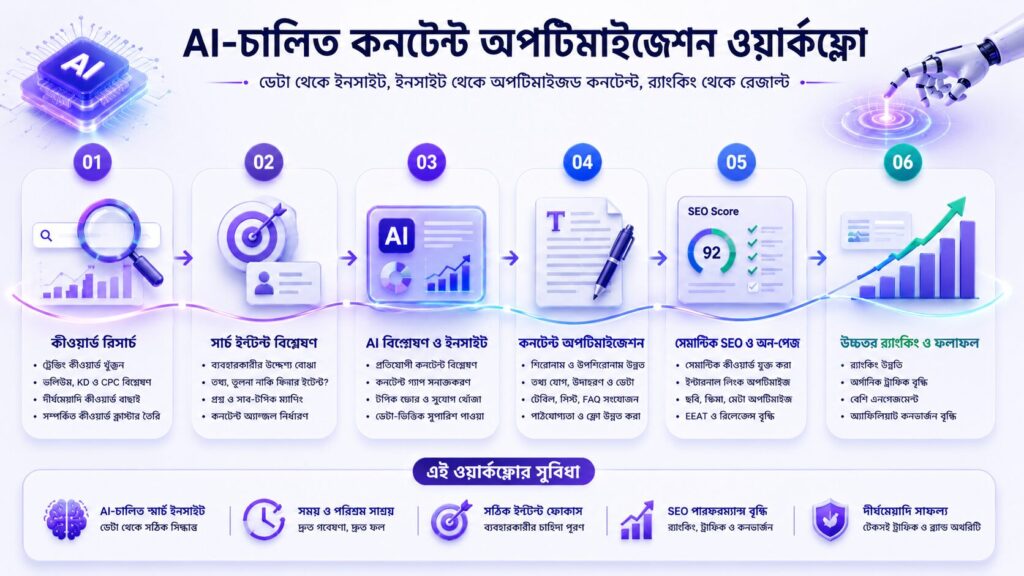 AI সার্চে এফিলিয়েট কনটেন্ট অপ্টিমাইজেশন বিষয়টি বোঝাতে কীওয়ার্ড গবেষণা, সার্চ ইন্টেন্ট, AI বিশ্লেষণ, কনটেন্ট অপ্টিমাইজেশন এবং উচ্চতর SEO র‍্যাঙ্কিংয়ের ধাপ দেখানো একটি ইনফোগ্রাফিক।
