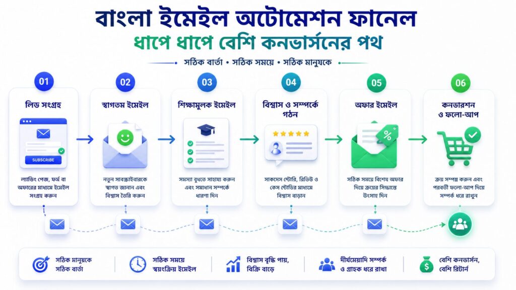 বাংলাদেশের ব্যবসার জন্য বাংলা ইমেইল অটোমেশন ফানেল বিষয়টি বোঝাতে লিড সংগ্রহ, স্বাগতম ইমেইল, শিক্ষামূলক ইমেইল, অফার এবং কনভার্সনের ধাপ দেখানো একটি ইনফোগ্রাফিক।