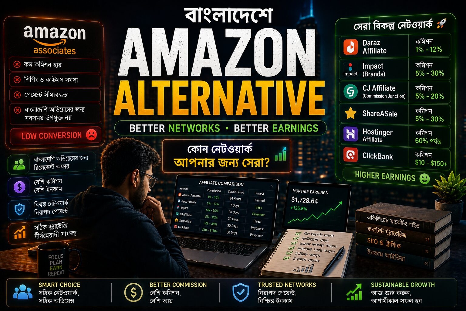 Amazon affiliate alternative comparison, বাংলাদেশি affiliate network selection, commission comparison এবং smart affiliate earning strategy দেখানো cinematic affiliate banner