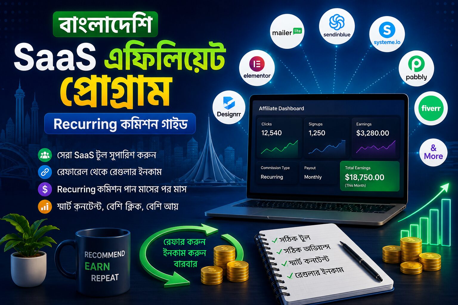 বাংলাদেশি SaaS এফিলিয়েট প্রোগ্রামের ভিজ্যুয়াল যেখানে রিকারিং কমিশন, অ্যাফিলিয়েট ড্যাশবোর্ড, SaaS টুল, রেফারেল আয় এবং দীর্ঘমেয়াদি প্যাসিভ ইনকামের কৌশল তুলে ধরা হয়েছে।