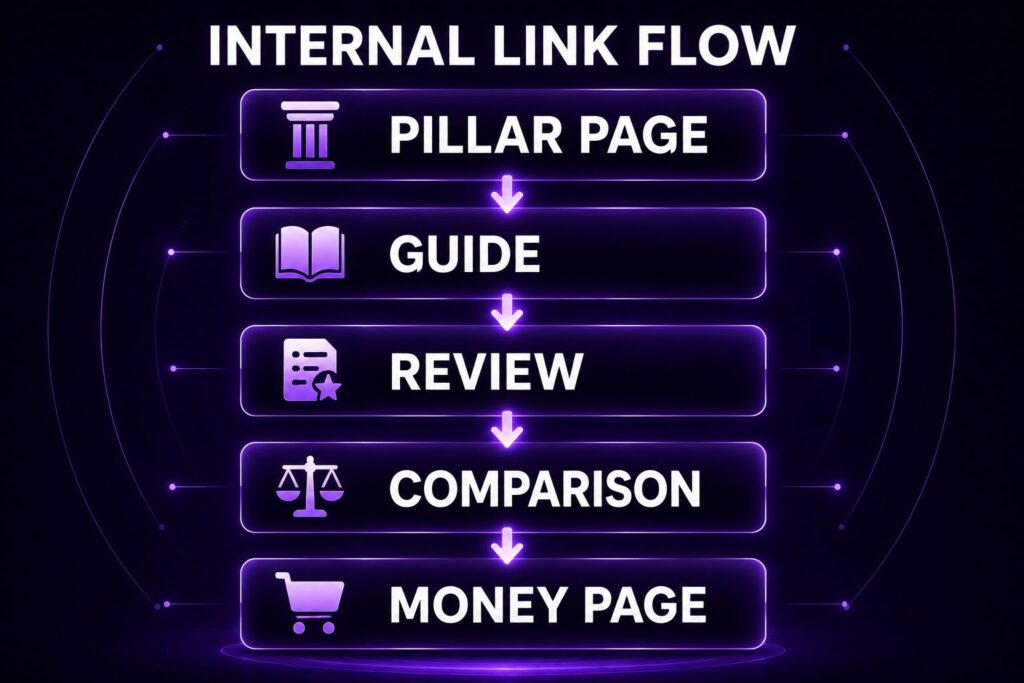 Flowchart illustrating the ideal internal linking structure connecting pillar pages, guides, reviews, comparison articles, and affiliate money pages.
