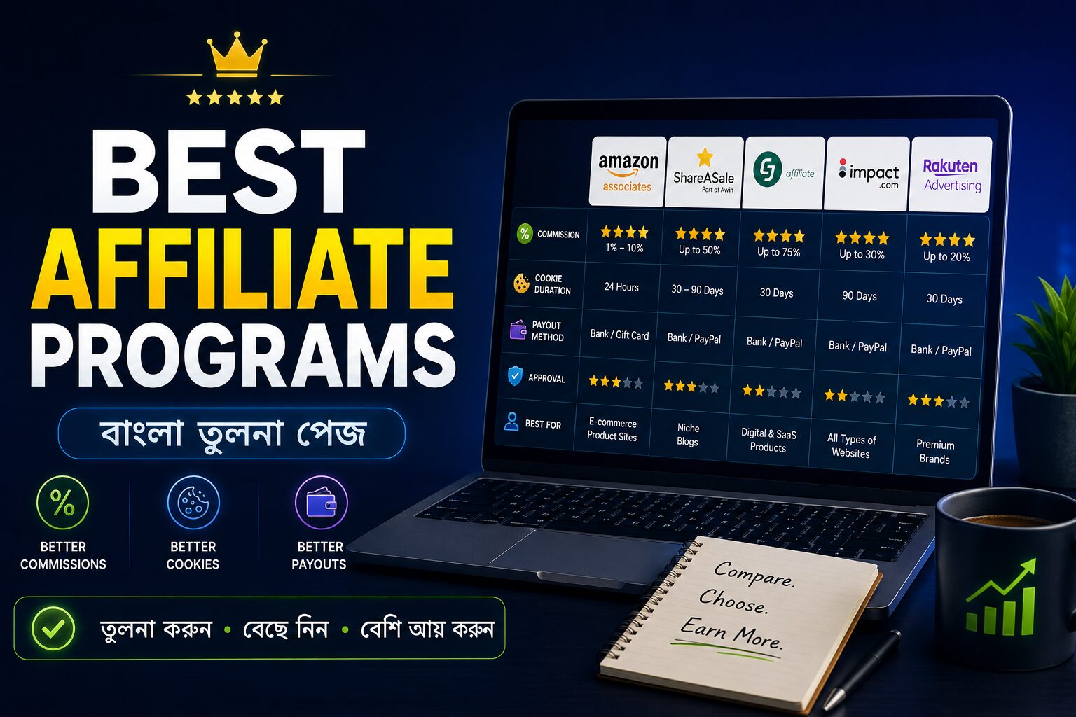 affiliate program comparison dashboard, commission analysis, cookie duration comparison এবং smart affiliate decision-making ecosystem দেখানো cinematic fintech banner