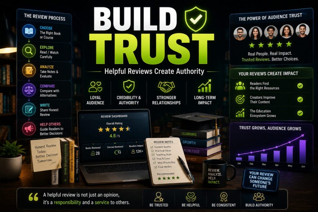 trusted reviewer ecosystem, audience trust growth, educational authority building এবং long-term review credibility system দেখানো cinematic editorial infographic