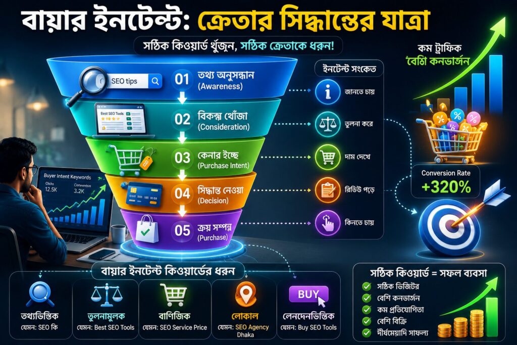 তথ্য অনুসন্ধান থেকে ক্রয় পর্যন্ত বায়ার ইনটেন্ট ফানেলের ইনফোগ্রাফিক