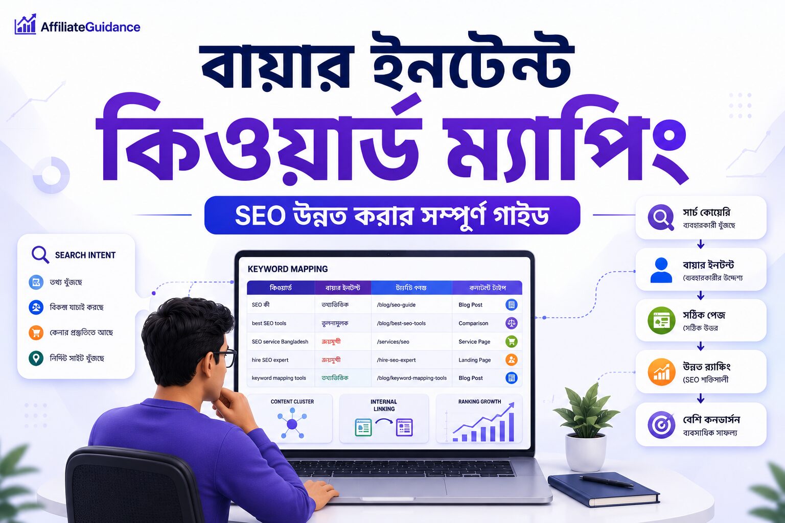 বায়ার ইনটেন্ট কিওয়ার্ড ম্যাপিং ব্যবহার করে SEO উন্নত করার ধারণা দেখানো একটি আধুনিক ইলাস্ট্রেশন, যেখানে Keyword Mapping Dashboard, Search Intent এবং Ranking Growth প্রদর্শিত হয়েছে।