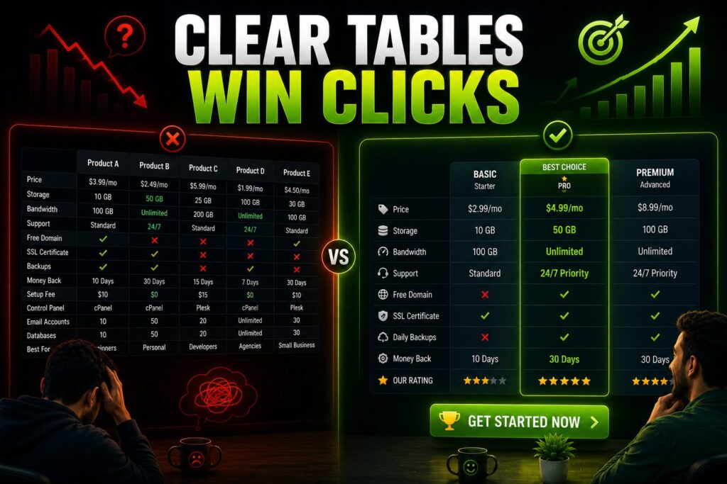 cluttered comparison table বনাম clean comparison layout এবং higher CTR focused comparison UX strategy দেখানো cinematic infographic