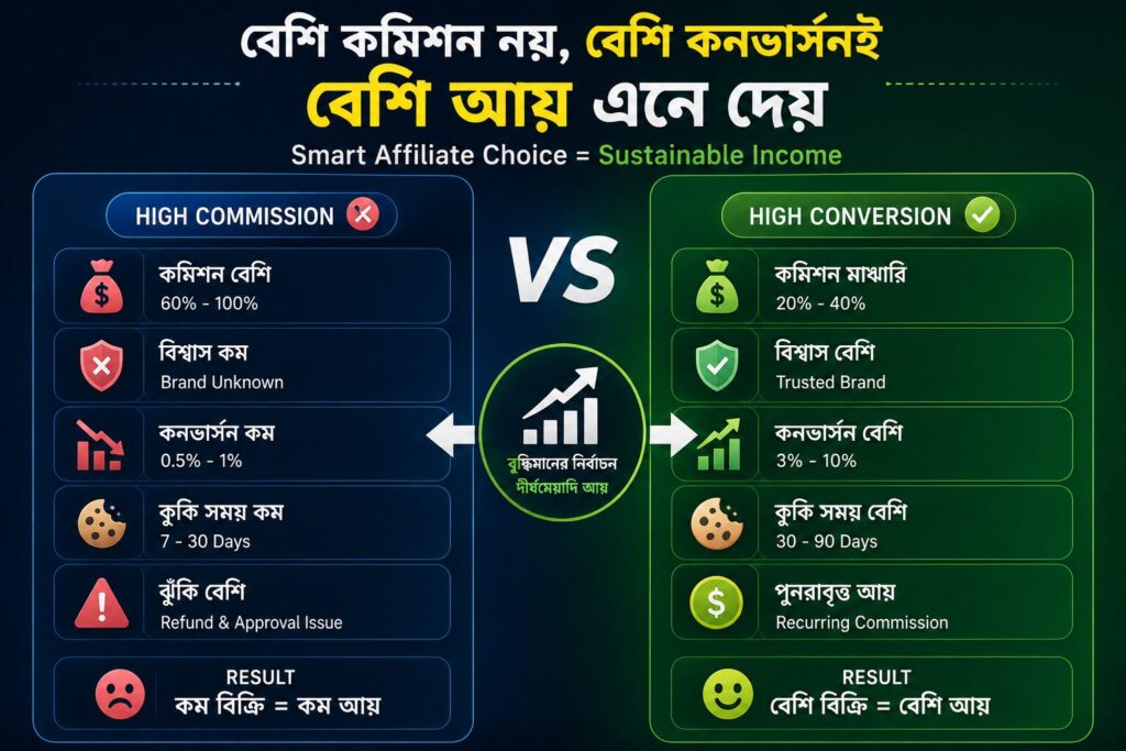 বায়ার-ইনটেন্ট অ্যাফিলিয়েট প্রোগ্রামের তুলনা যেখানে উচ্চ কমিশন ও উচ্চ কনভার্সনের পার্থক্য এবং দীর্ঘমেয়াদে বেশি আয়ের কৌশল দেখানো হয়েছে।
