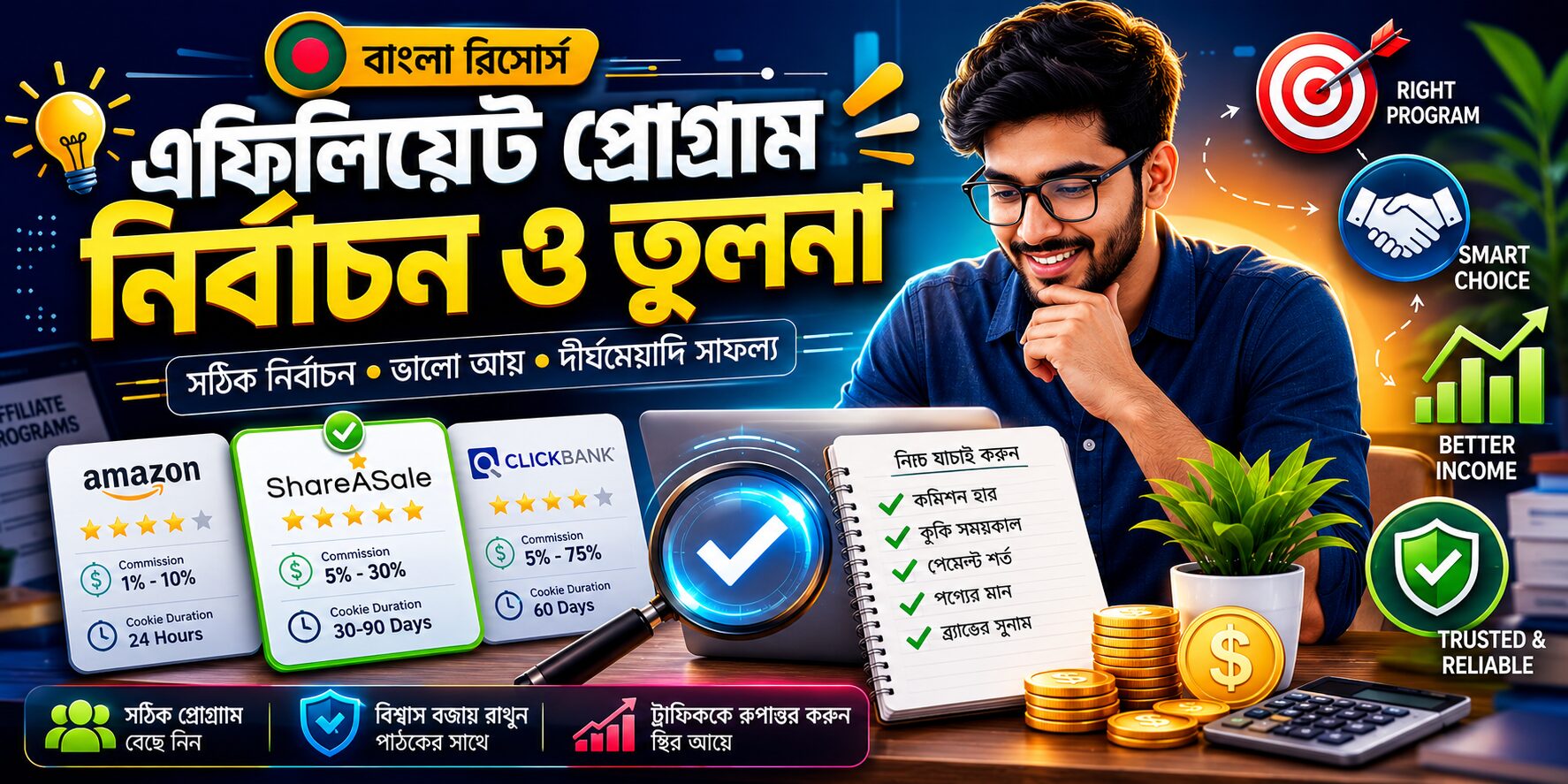 affiliate program comparison, commission evaluation, cookie duration analysis এবং smart affiliate decision system দেখানো cinematic fintech banner