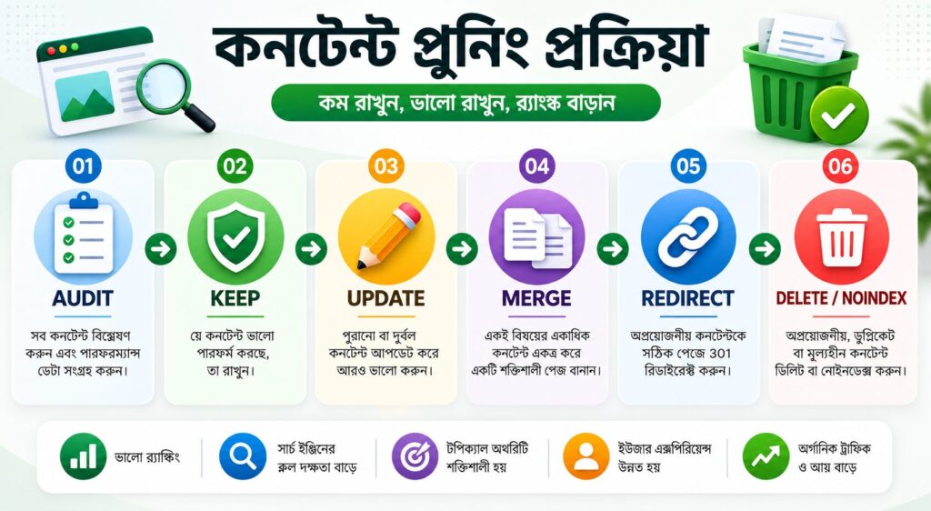 কনটেন্ট প্রুনিং প্রক্রিয়ার ধাপসমূহ যেখানে কনটেন্ট অডিট, গুরুত্বপূর্ণ পেজ রাখা, পুরোনো কনটেন্ট আপডেট, মার্জ, ৩০১ রিডাইরেক্ট এবং অপ্রয়োজনীয় পেজ অপসারণের SEO কৌশল দেখানো হয়েছে।