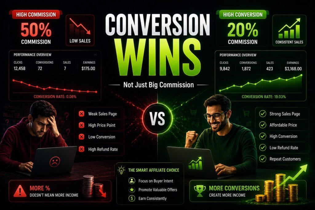 high commission low conversion বনাম high conversion affiliate strategy comparison এবং sustainable affiliate income system দেখানো cinematic infographic