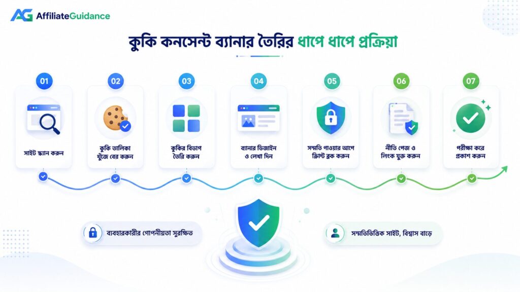 কুকি কনসেন্ট ব্যানার কী এবং কেন আপনার সাইটে এটি দরকার বুঝতে ওয়েবসাইট স্ক্যান, কুকি বিভাগ, ব্যানার সেটআপ এবং সম্মতি প্রকাশের ধাপ দেখানো একটি ইনফোগ্রাফিক।