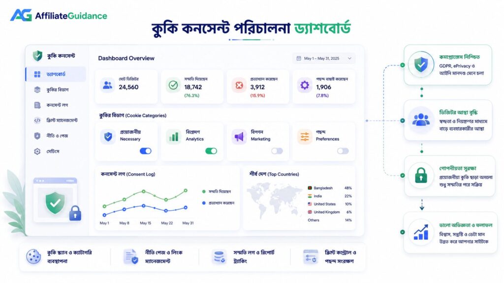 কুকি কনসেন্ট ব্যানার কী এবং কেন আপনার সাইটে এটি দরকার তা বোঝাতে কুকি বিভাগ, সম্মতি লগ, Privacy Policy এবং Analytics ব্যবস্থাপনার একটি আধুনিক ড্যাশবোর্ড ইলাস্ট্রেশন।