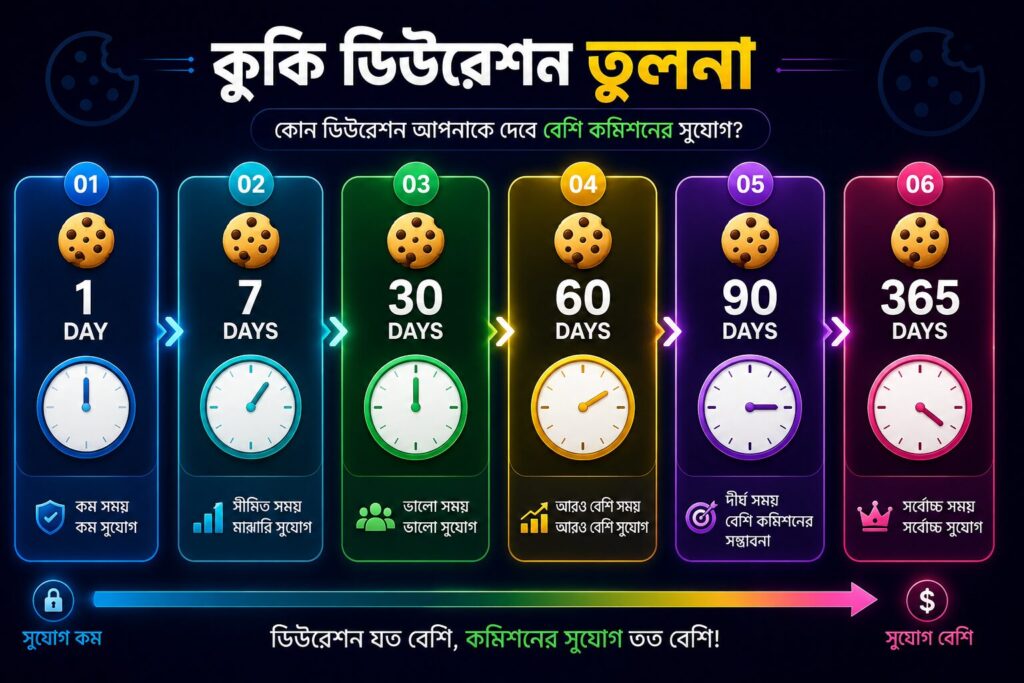 বিভিন্ন কুকি ডিউরেশনের সময়সীমা ও কমিশনের সুযোগের তুলনামূলক ইনফোগ্রাফিক