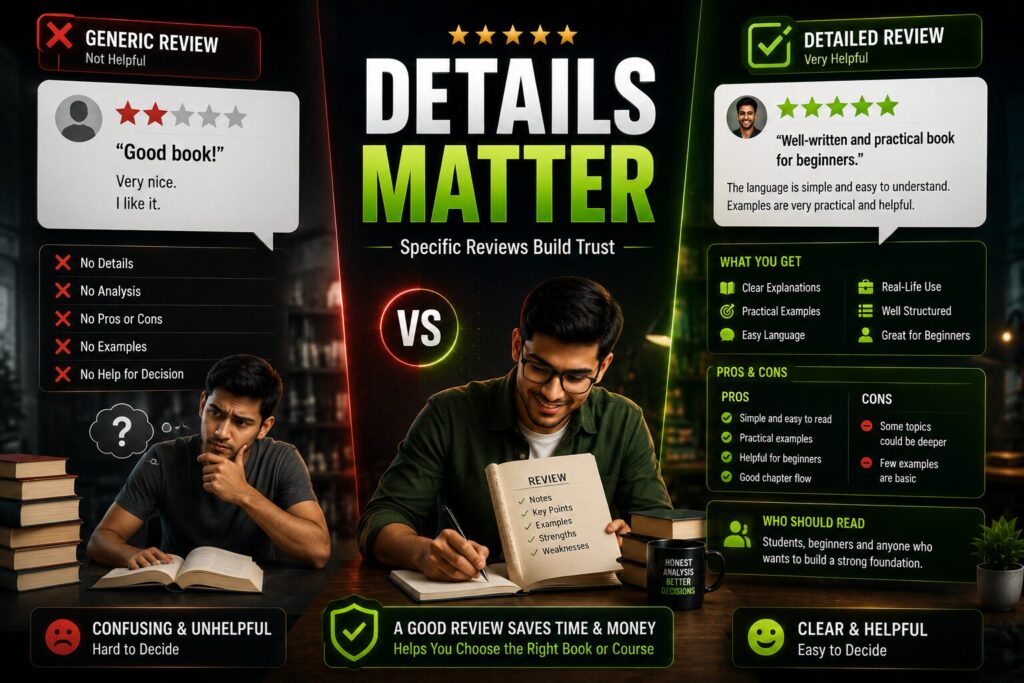 generic review বনাম detailed review comparison, trustworthy analysis system এবং reader decision psychology দেখানো cinematic educational infographic