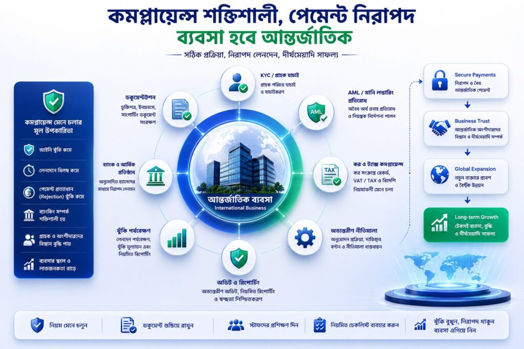 পূর্ণাঙ্গ গাইড: বাংলাদেশে আন্তর্জাতিক পে-আউট কমপ্লায়েন্স এবং এর চ্যালেঞ্জ ও সমাধান বিষয়টি বোঝাতে KYC, AML, ট্যাক্স, ডকুমেন্টেশন, ঝুঁকি পর্যবেক্ষণ, নিরাপদ আন্তর্জাতিক পেমেন্ট এবং বৈশ্বিক ব্যবসা সম্প্রসারণের ইকোসিস্টেম দেখানো একটি প্রিমিয়াম ইলাস্ট্রেশন।