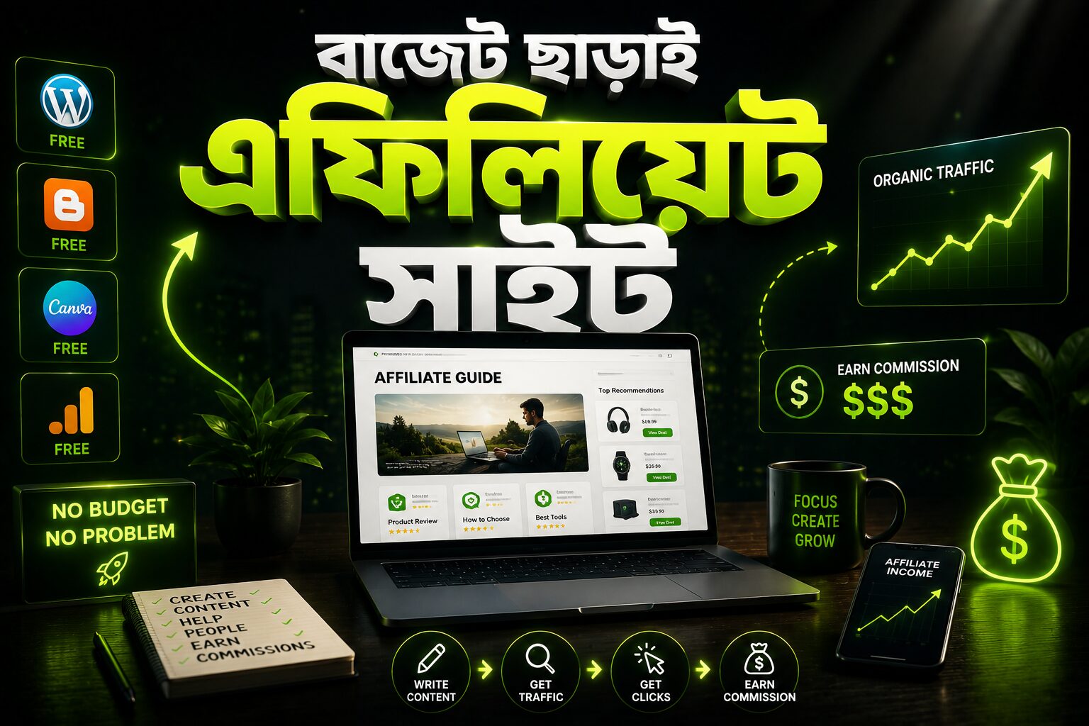 বাজেট ছাড়া affiliate site setup, free tools ecosystem এবং organic affiliate growth দেখানো cinematic creator workspace banner