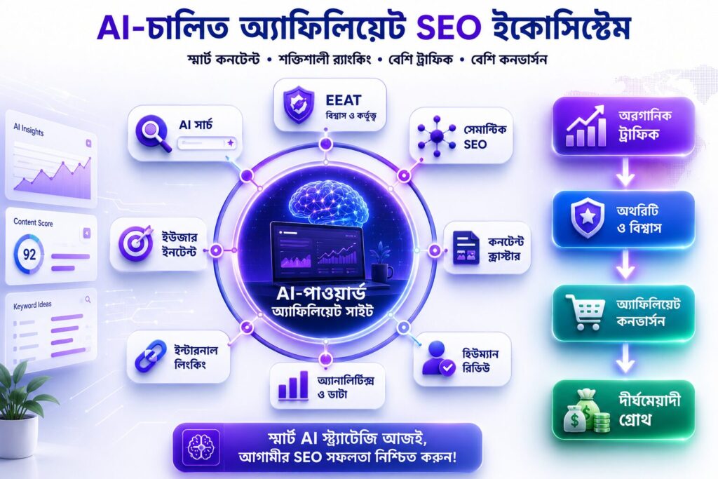 AI সার্চে এফিলিয়েট কনটেন্ট অপ্টিমাইজেশন বিষয়টি বোঝাতে AI Search, EEAT, Semantic SEO, Content Clusters, User Intent, Analytics এবং দীর্ঘমেয়াদি SEO বৃদ্ধির একটি আধুনিক ইকোসিস্টেম ইলাস্ট্রেশন।