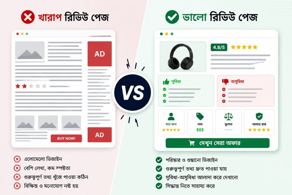 ভালো ও খারাপ রিভিউ লেআউটের তুলনামূলক ভিজ্যুয়াল উদাহরণ