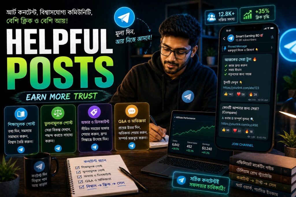 টেলিগ্রাম এফিলিয়েট মার্কেটিংয়ের ইনফোগ্রাফিক যেখানে উপকারী পোস্ট, শিক্ষামূলক কনটেন্ট, তুলনামূলক রিভিউ, প্রশ্নোত্তর এবং কমিউনিটি গড়ে তুলে ক্লিক, আস্থা ও আয় বাড়ানোর কৌশল দেখানো হয়েছে।