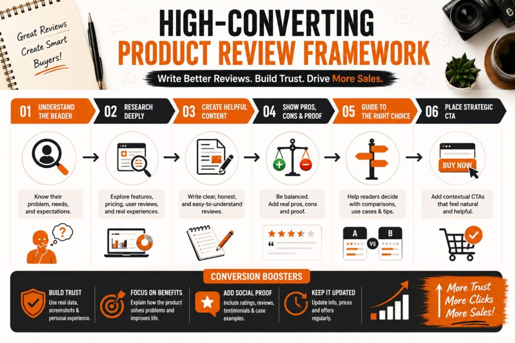 customer journey, review framework and buying decision process shown in a modern landscape infographic