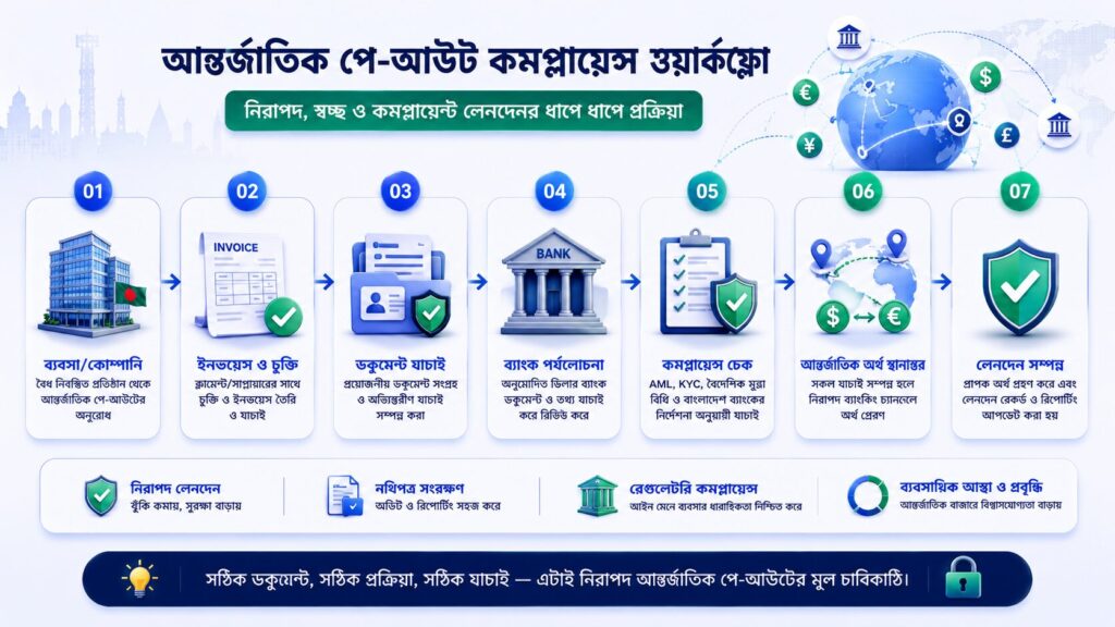 এই ইলাস্ট্রেশনে পূর্ণাঙ্গ গাইড: বাংলাদেশে আন্তর্জাতিক পে-আউট কমপ্লায়েন্স এবং এর চ্যালেঞ্জ ও সমাধান বিষয়টি আধুনিক Enterprise SaaS স্টাইলে উপস্থাপন করা হয়েছে। এখানে বাংলাদেশ থেকে আন্তর্জাতিক ব্যবসায়িক লেনদেন, বৈদেশিক অর্থপ্রদান, নিয়ন্ত্রক কাঠামো, ডকুমেন্ট যাচাই, নিরাপদ ব্যাংকিং চ্যানেল এবং বৈশ্বিক ব্যবসায়িক সংযোগকে একত্রে দেখানো হয়েছে। এটি ব্যবসায়ী, সফটওয়্যার কোম্পানি, রপ্তানিকারক, ফ্রিল্যান্সার এবং আন্তর্জাতিক ক্লায়েন্টের সঙ্গে কাজ করা প্রতিষ্ঠানের জন্য কমপ্লায়েন্স ব্যবস্থার গুরুত্বকে সহজভাবে তুলে ধরে।