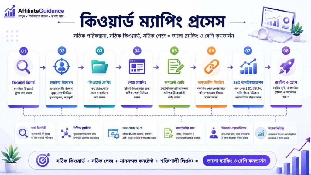 কিওয়ার্ড ম্যাপিংয়ের সম্পূর্ণ ধাপ দেখানো একটি ল্যান্ডস্কেপ ফ্লোচার্ট, যেখানে Keyword Research, Intent Analysis, Keyword Grouping, Page Mapping, Content Creation, Internal Linking এবং SEO Optimization-এর ধাপগুলো উপস্থাপন করা হয়েছে।