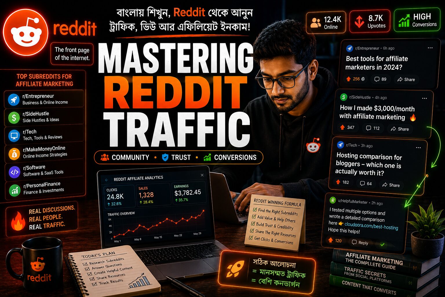 Reddit affiliate traffic strategy, subreddit engagement, organic affiliate conversions এবং community-based Reddit marketing দেখানো cinematic creator banner