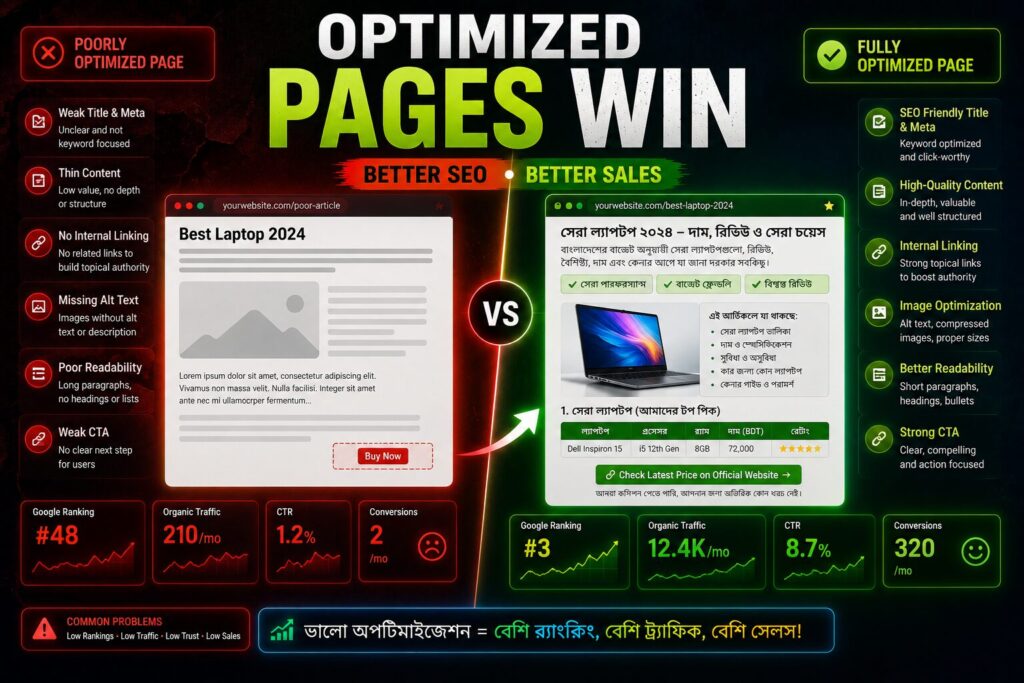 poorly optimized affiliate page বনাম fully optimized affiliate content comparison এবং SEO-driven affiliate conversion strategy দেখানো cinematic split-scene infographic