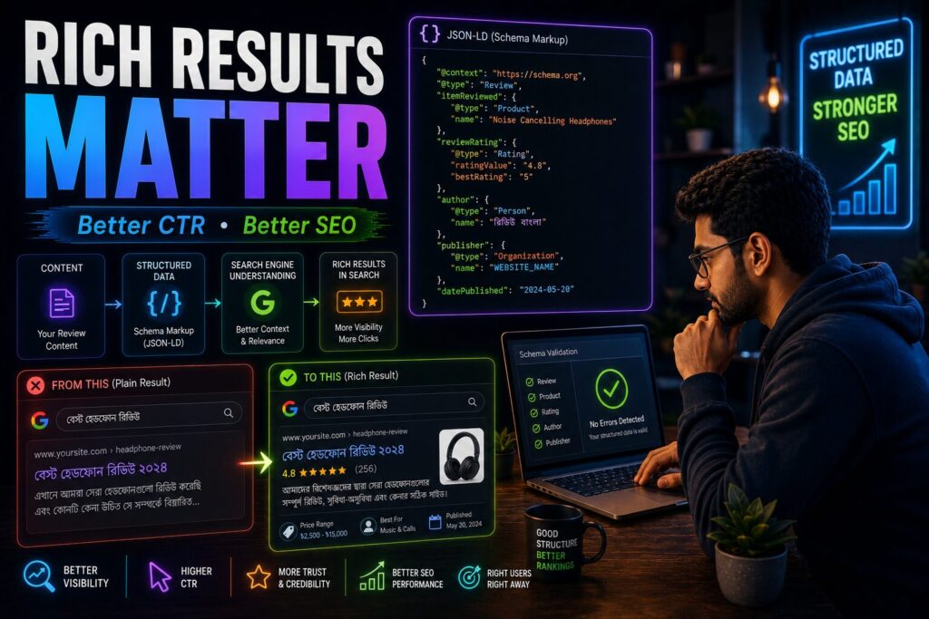 Schema Markup ব্যবহার করে রিভিউ পোস্টে Rich Result পাওয়ার ইনফোগ্রাফিক, যেখানে স্ট্রাকচার্ড ডেটা, স্টার রেটিং, রিভিউ তথ্য এবং সার্চ রেজাল্টে দৃশ্যমানতা বৃদ্ধির কৌশল দেখানো হয়েছে।
