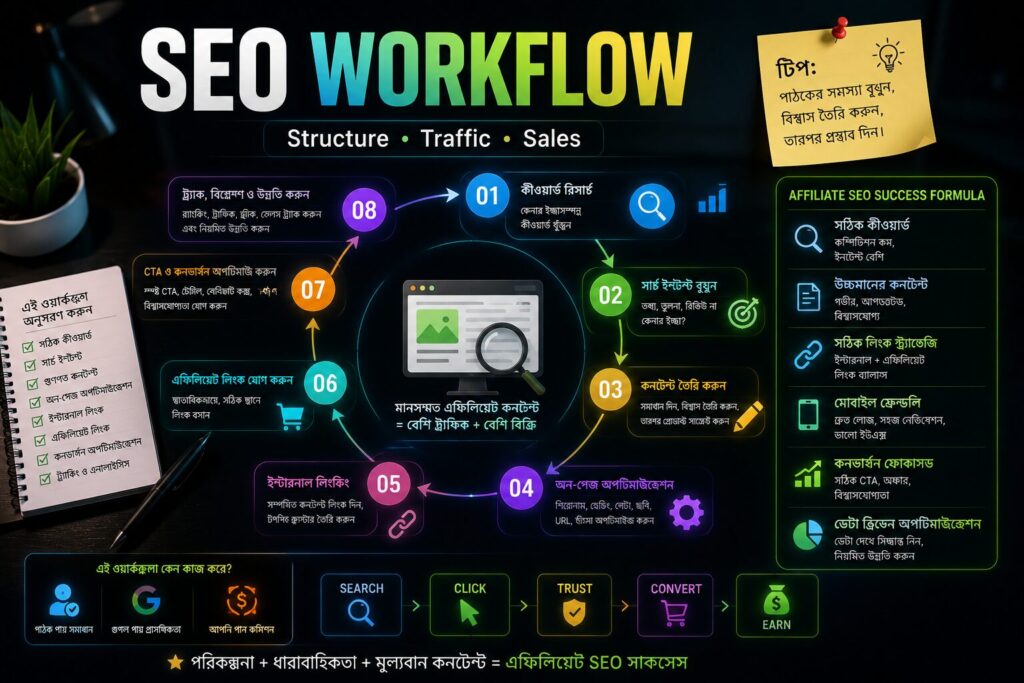 affiliate SEO workflow infographic, keyword research system, search intent optimization এবং conversion-focused content strategy দেখানো cinematic infographic workspace