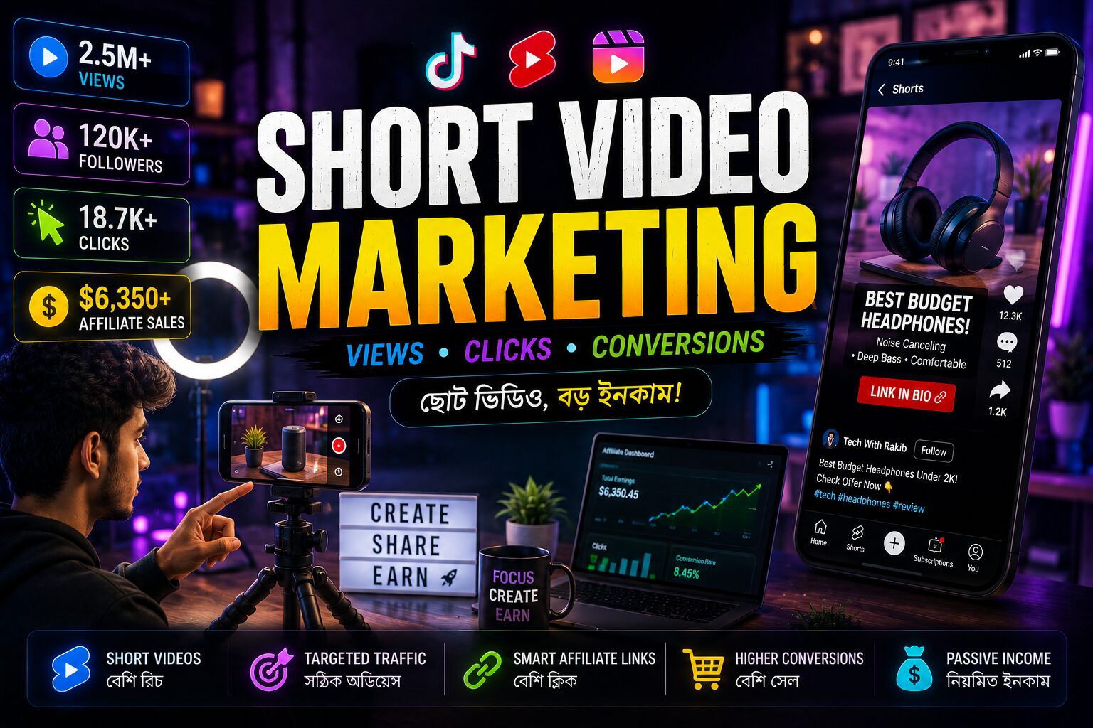 short video affiliate marketing setup, viral creator content, affiliate clicks এবং social media conversion growth দেখানো cinematic creator banner