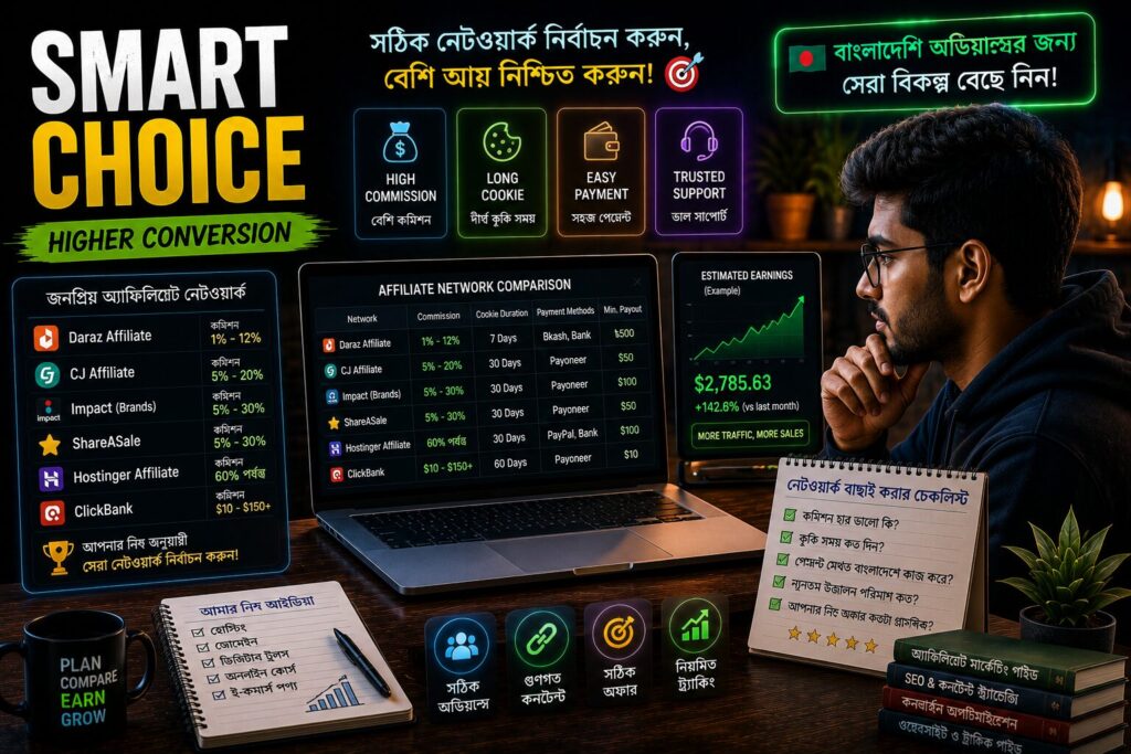 বাংলাদেশে Amazon Affiliate-এর বিকল্প নেটওয়ার্ক তুলনার ইনফোগ্রাফিক, যেখানে কমিশন, কুকি সময়, পেমেন্ট পদ্ধতি, সাপোর্ট এবং কনভার্সনের ভিত্তিতে সেরা অ্যাফিলিয়েট নেটওয়ার্ক নির্বাচন দেখানো হয়েছে।