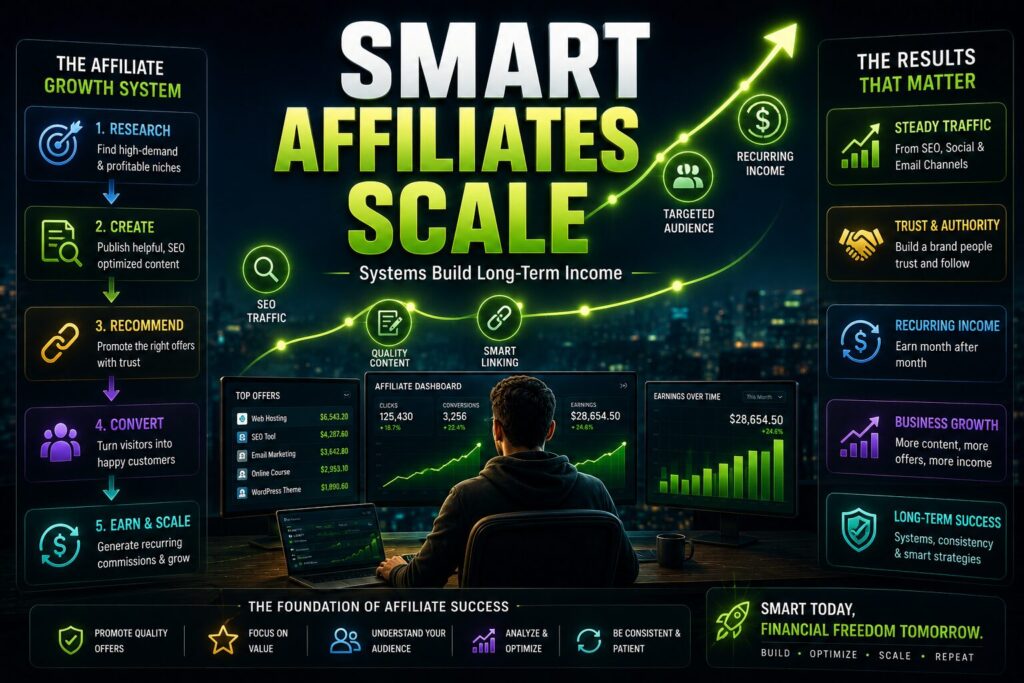 scalable affiliate marketing ecosystem, recurring revenue system, SEO + email + content funnel এবং long-term affiliate growth strategy দেখানো cinematic affiliate-business infographic