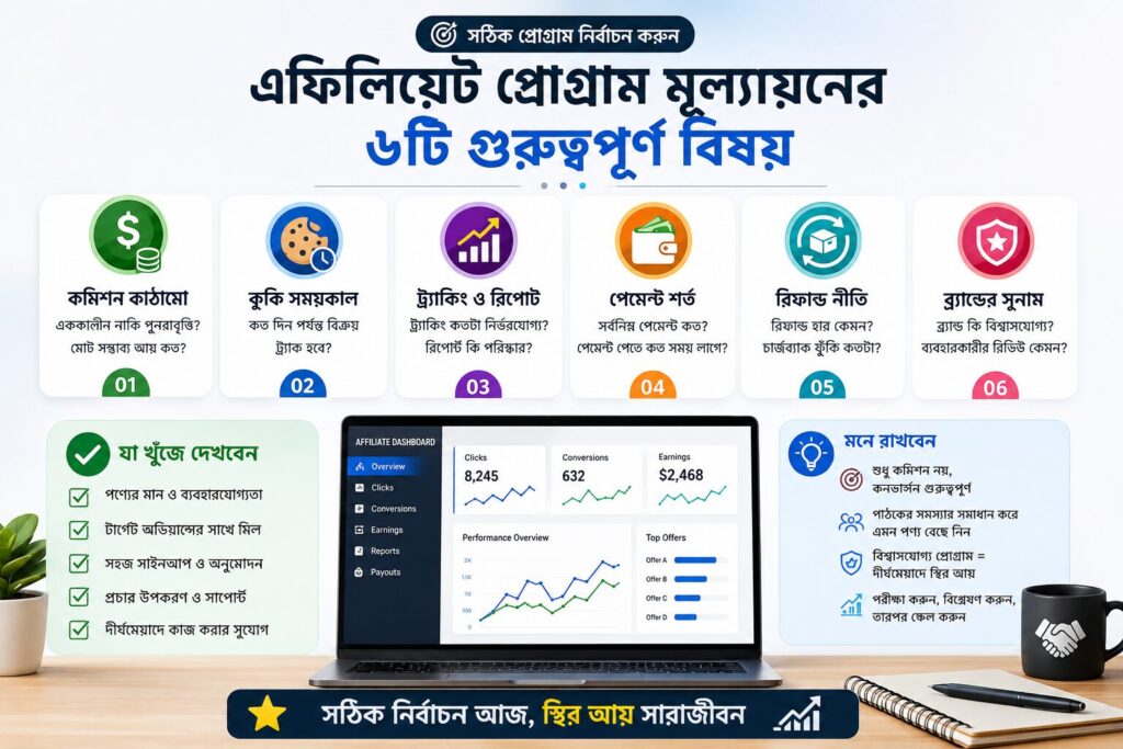 high commission বনাম high conversion affiliate strategy comparison এবং sustainable affiliate income model দেখানো cinematic infographic