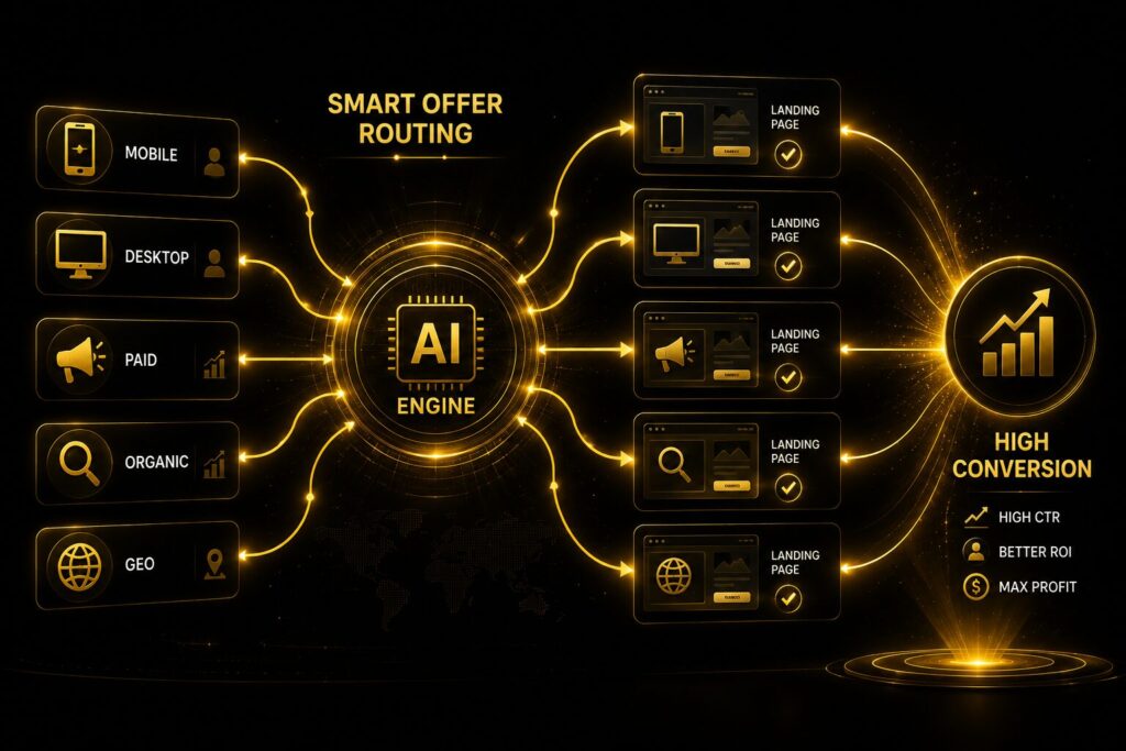Flowchart illustrating AI-powered affiliate offer routing based on device, traffic source, and geographic targeting to improve conversion rates and campaign performance.