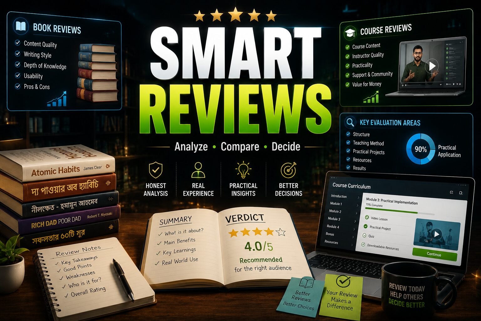 বই ও কোর্স review analysis system, educational evaluation workflow, learning comparison এবং trusted recommendation ecosystem দেখানো cinematic editorial banner