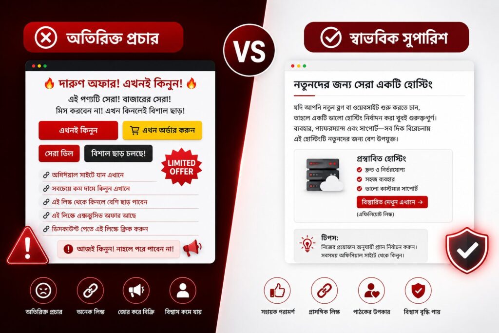 অতিরিক্ত প্রচারণামূলক এবং স্বাভাবিক এফিলিয়েট লিঙ্ক ব্যবহারের তুলনা