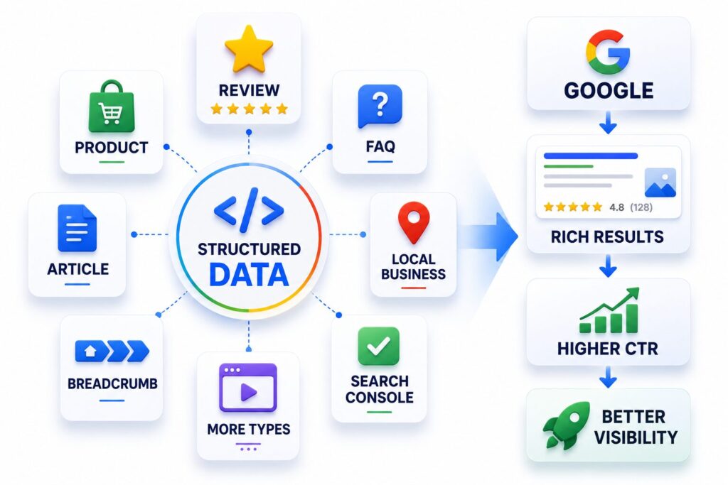 রিভিউ স্কিমা ও রিচ রেজাল্ট বিষয়টি বোঝাতে Structured Data, Product Schema, Review Schema, FAQ Schema, Google Rich Results এবং সার্চ ভিজিবিলিটির সম্পর্ক দেখানো একটি আধুনিক ইলাস্ট্রেশন।