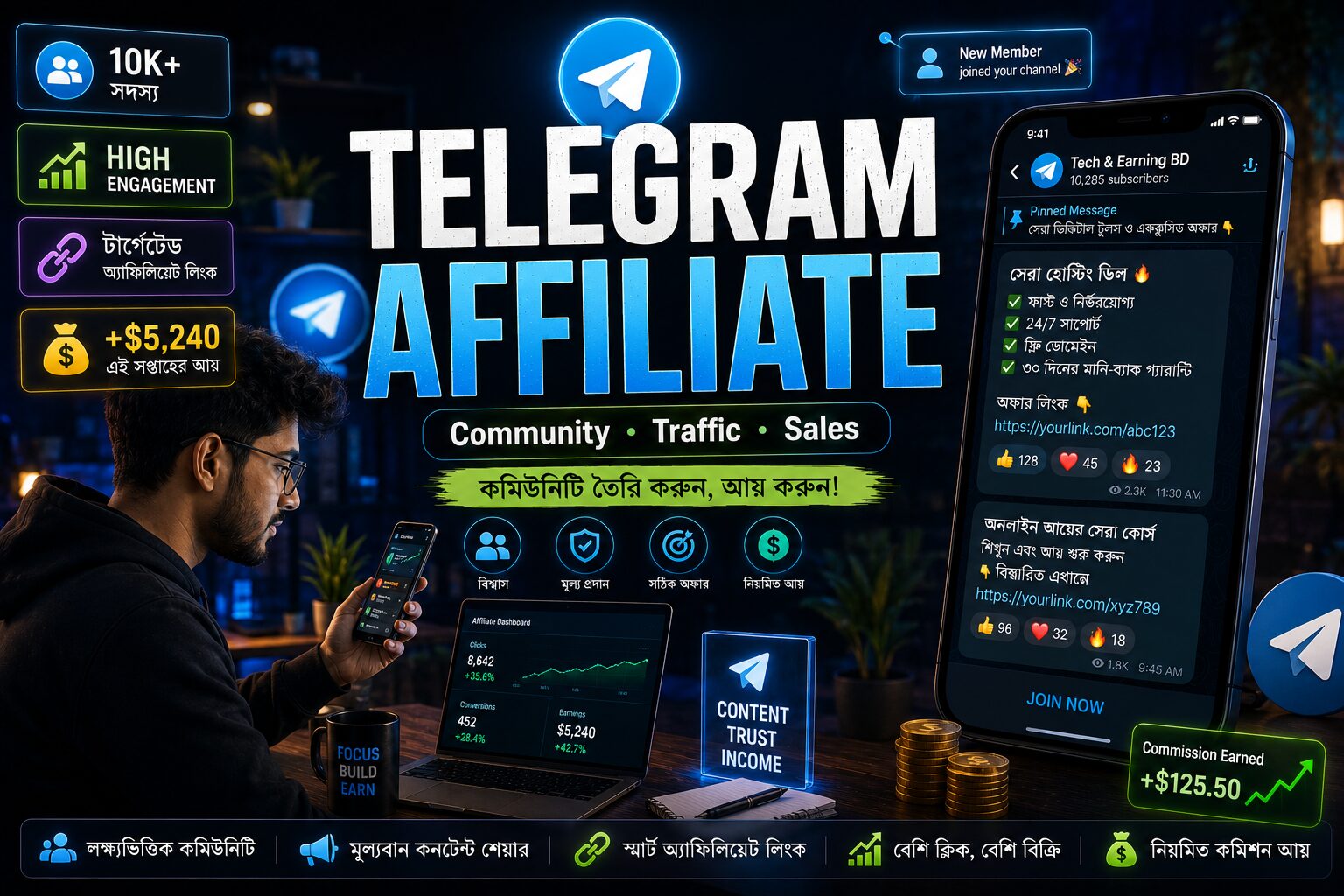 Telegram affiliate marketing বাংলা strategy, community-driven affiliate traffic, affiliate sales এবং trusted Telegram audience growth দেখানো cinematic marketing banner