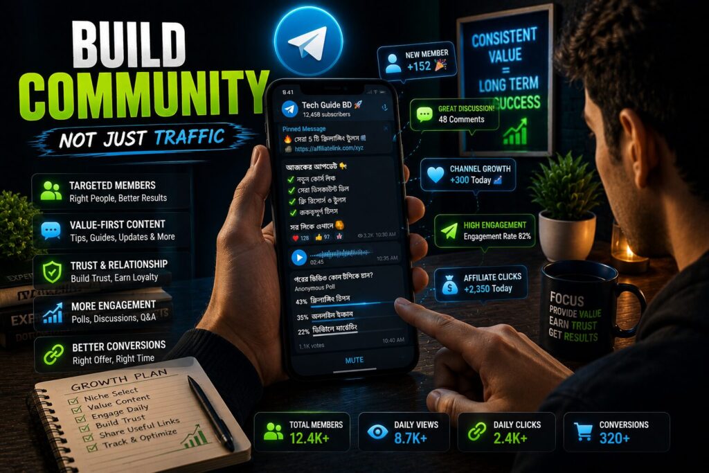 আপনার Telegram কমিউনিটি তৈরি ও বৃদ্ধি করাTelegram community growth, engaged audience, mobile-first affiliate marketing এবং community-based traffic strategy দেখানো cinematic creator scene